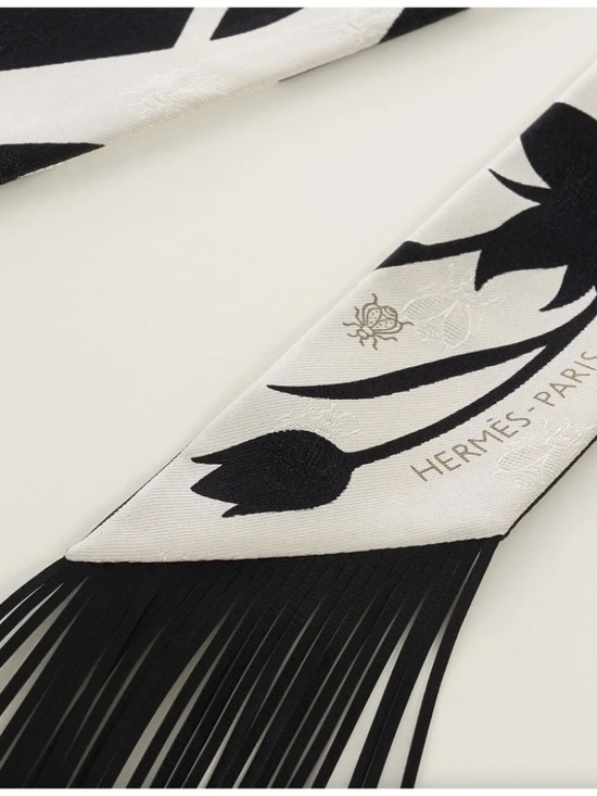 Hermes Accessories - Hermes Scarf Twilly Fringe Leather Bouquet Final Abeille Creme White Black Silk